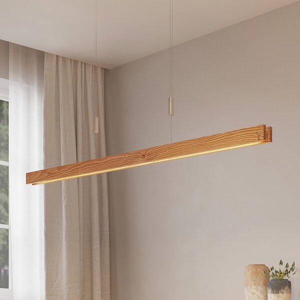 Lindby Alimara Lampă suspendată LED din lemn, lungime 138 cm, reglabil, Lemn, Camera de zi / sufragerie, Lemn, Modern