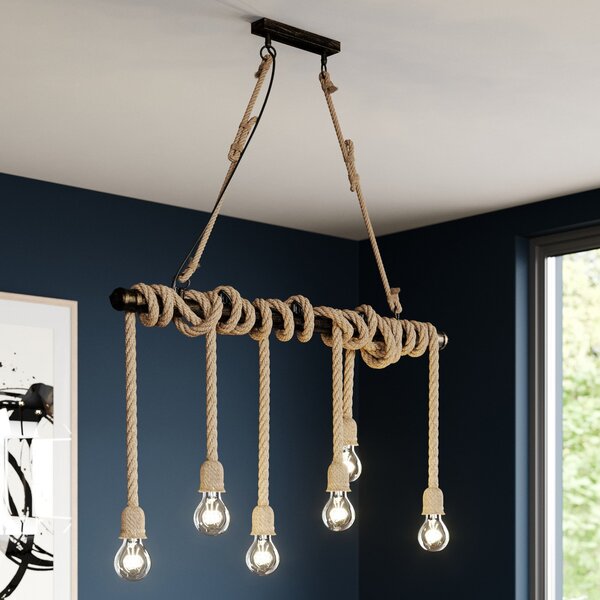 Lindby Lampă suspendată Hajo, 100 cm, 6 becuri, coardă suspendată, reglabil, Bej, Camera de zi / sufragerie, Metal, Vintage