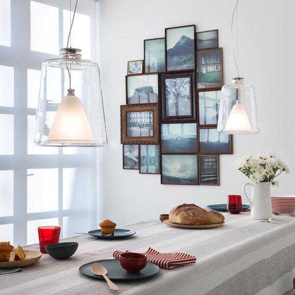 Oluce Lanterna - Lampă suspendată din sticlă de Murano, reglabil, Transparent, Camera de zi / sufragerie, Sticlă, Design