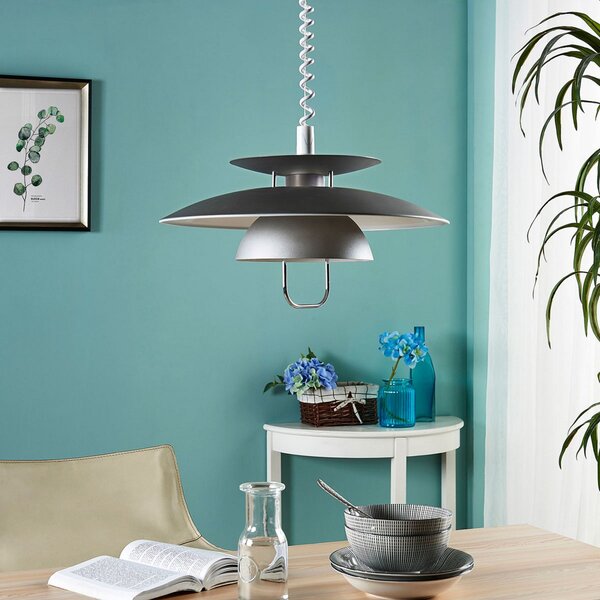 Lindby Lampă suspendată Nadija, gri, 43 cm, înălțime reglabilă, E27, reglabil, Gri, Bucătărie, Metal, Scandinavă