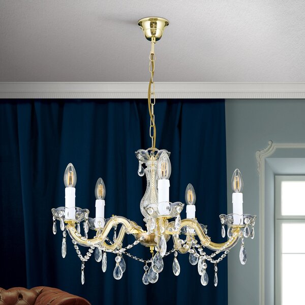 ORION Candelabru Marie Claire din cristal cu 5 becuri, reglabil, Auriu / Alamă, Camera de zi / sufragerie, Metal