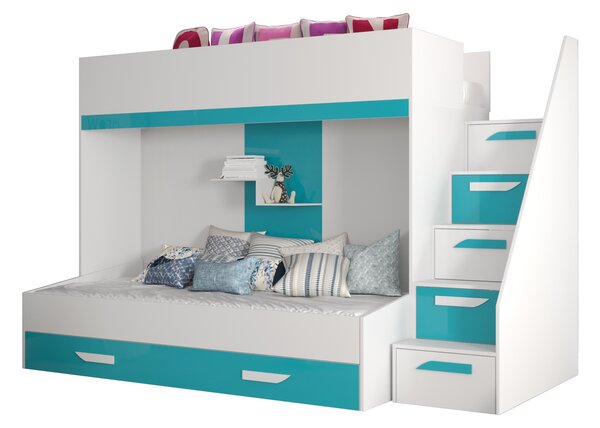 Pat pentru copii combinat 90 cm Puro 16 (alb mat + alb lucios + Turcoaz lucios). Promo -22%. 1087103