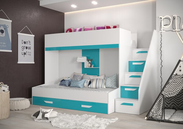 Pat pentru copii combinat 90 cm Puro 16 (alb mat + alb lucios + Turcoaz lucios). Promo -22%. 1087103