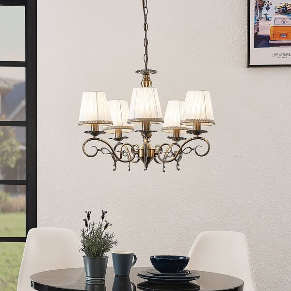 Lindby Candelabru Finnick, culoare alamă antică, 5 becuri, E14, reglabil, Bronz / Alamă Veche, Camera de zi / sufragerie, Țesătură / Textil, Antichitate, Pandantiv cu flacără multiplă