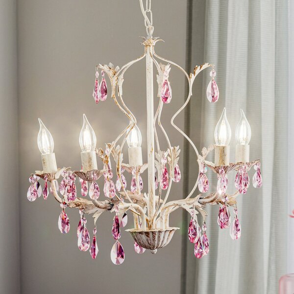 ONLI Candelabru Kate, 5 becuri, alb, cristale roz, reglabil, Alb, Camera de zi / sufragerie, Metal, Candelabru