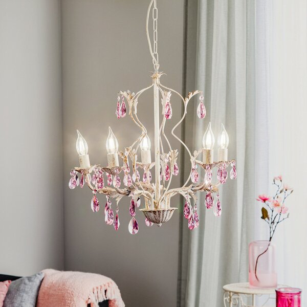 ONLI Candelabru Kate, 5 becuri, alb, cristale roz, reglabil, Alb, Camera de zi / sufragerie, Metal, Candelabru