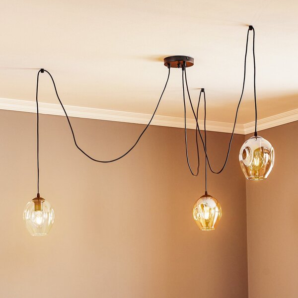 EMIBIG LIGHTING Lampă suspendată Starla, sticlă grafit/chihlimbar/transparent, 3 becuri,, reglabil, Negru, Camera de zi / sufragerie, Sticlă, Modern