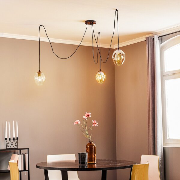 EMIBIG LIGHTING Lampă suspendată Starla, sticlă grafit/chihlimbar/transparent, 3 becuri,, reglabil, Negru, Camera de zi / sufragerie, Sticlă, Modern