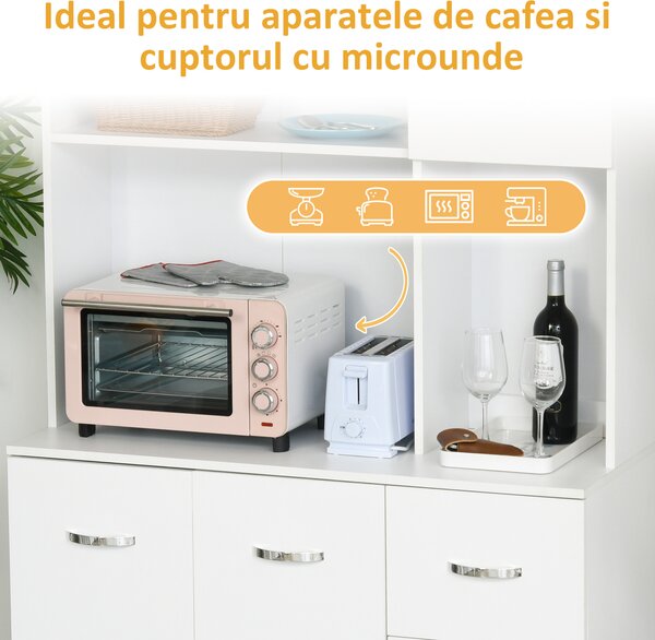Homcom Bufet Înalt pentru Bucătărie, Dulap cu Sertare și Dulapioare, Rafturi Deschise pentru Microunde, 100x39.5x183.5cm, Alb | Aosom Romania