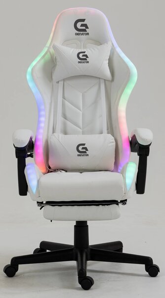 Scaun gaming, boxe Bluetooth, sistem iluminare bandă LED RGB, masaj în perna lombară, suport picioare, Alb