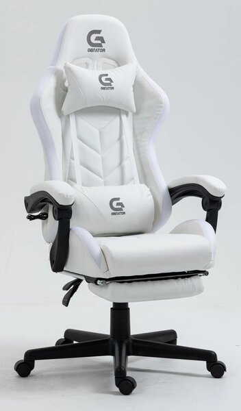Scaun gaming, boxe Bluetooth, sistem iluminare bandă LED RGB, masaj în perna lombară, suport picioare, Alb