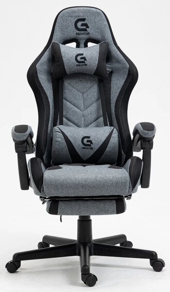 Scaun gaming, sistem iluminare bandă LED RGB, cu masaj în perna lombară, suport picioare, material textil, Gri/Negru