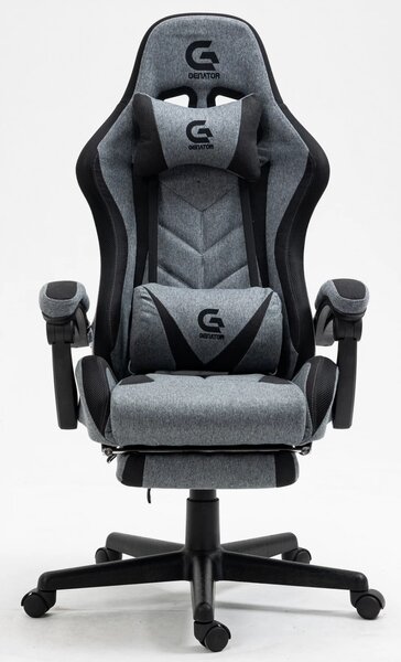 Scaun gaming, sistem iluminare bandă LED RGB, cu masaj în perna lombară, suport picioare, material textil, Gri/Negru