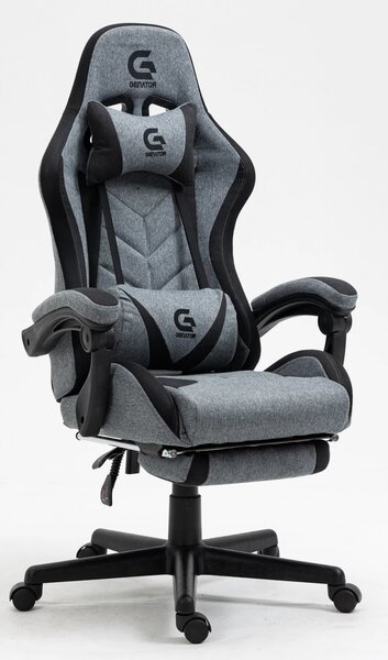 Scaun gaming, sistem iluminare bandă LED RGB, cu masaj în perna lombară, suport picioare, material textil, Gri/Negru