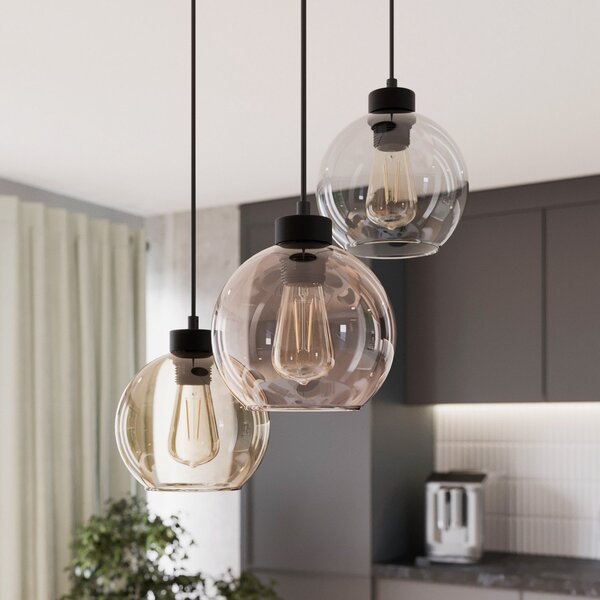 TK Lighting Lampa suspendată Cubus, Ø 50 cm, 3 becuri, transparentă/maro miere, sticlă, reglabil, Multicolor, Camera de zi / sufragerie, Sticlă, Modern