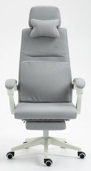 Scaun ergonomic de birou, suport picioare, perne lombara si cervicala detasabile, Material textil, Gri deschis