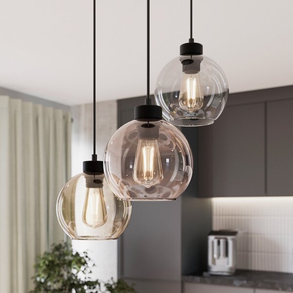TK Lighting Lampa suspendată Cubus, Ø 50 cm, 3 becuri, transparentă/maro miere, sticlă, reglabil, Multicolor, Camera de zi / sufragerie, Sticlă, Modern