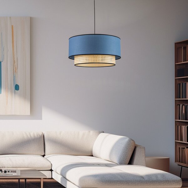 Duolla Lampă suspendată Boho, albastru/lemn, Ø 45 cm, țesătură/rattan, reglabil, Lemn, Camera de zi / sufragerie, Țesătură / Textil, Casă de țară / Rustic