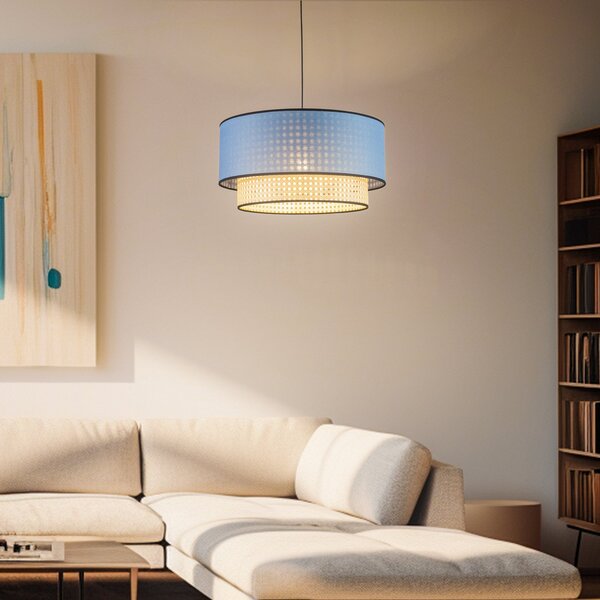 Duolla Lampă suspendată Boho, albastru/lemn, Ø 45 cm, țesătură/rattan, reglabil, Lemn, Camera de zi / sufragerie, Țesătură / Textil, Casă de țară / Rustic