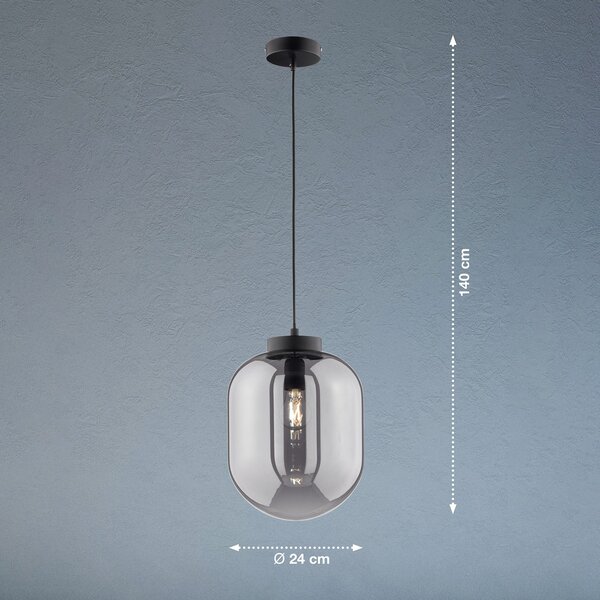 FISCHER & HONSEL Lampă suspendată Regi, 1 bec, Ø 24 cm, reglabil, Negru, Camera de zi / sufragerie, Sticlă