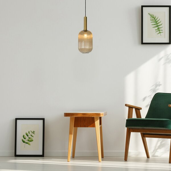 Lucide Maloto lampă suspendată sticlă, Ø 20cm, chihlimbar, reglabil, Bej, Camera de zi / sufragerie, Sticlă