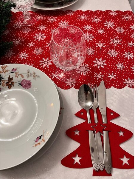 Napron decorativ pentru sarbatori, imprimeu fulgi de nea, lungime 185 cm, latime 35 cm, rosu-alb