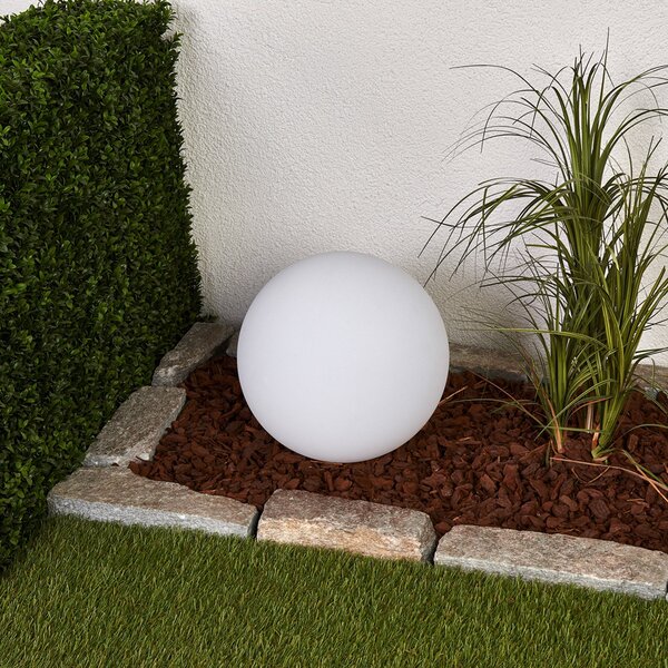 Lindby LED lampă solară Lago, Ø 30 cm, glob, țepușă la sol, alb, Alb, Plastic, Modern, Glob pentru exterior