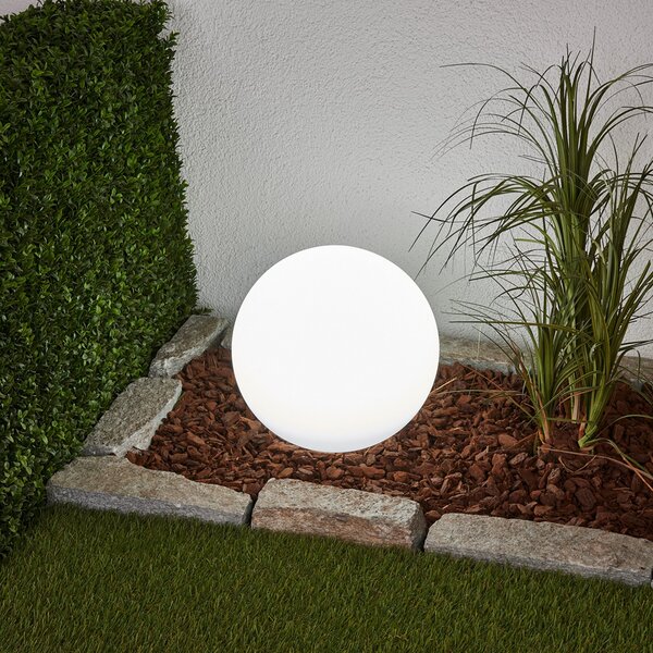 Lindby LED lampă solară Lago, Ø 30 cm, glob, țepușă la sol, alb, Alb, Plastic, Modern, Glob pentru exterior