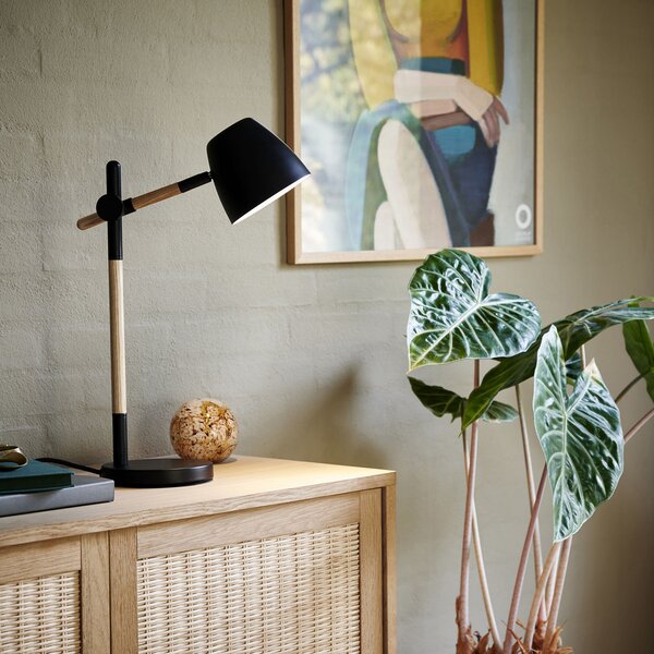 Nordlux Lampă de masă Theo, din lemn frasin, Negru, Studiu / Birou, Metal, Modern, Birou de masă