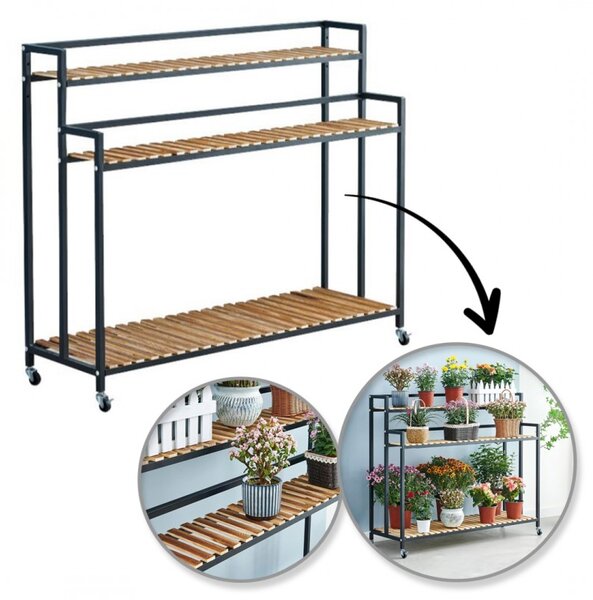 Suport pentru flori cu 3 rafturi FLOREXA 100x40x102 cm, negru