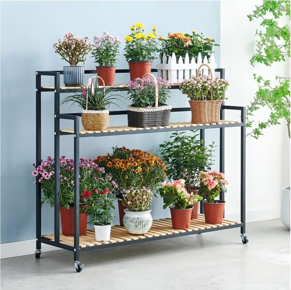 Suport pentru flori cu 3 rafturi FLOREXA 100x40x102 cm, negru
