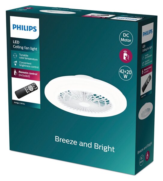 Philips Ventilator de tavan cu LED Amigo, alb lucios, 49 cm, CCT, reglabil, Alb, Camera de zi / sufragerie, Plastic, Modern