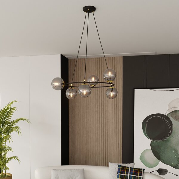 Euluna Lampă suspendată Glassy 6 becuri, rotundă, sticlă grafit, reglabil, Negru, Camera de zi / sufragerie, Sticlă, Modern