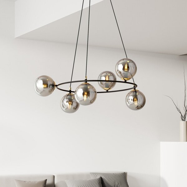 Euluna Lampă suspendată Glassy 6 becuri, rotundă, sticlă grafit, reglabil, Negru, Camera de zi / sufragerie, Sticlă, Modern
