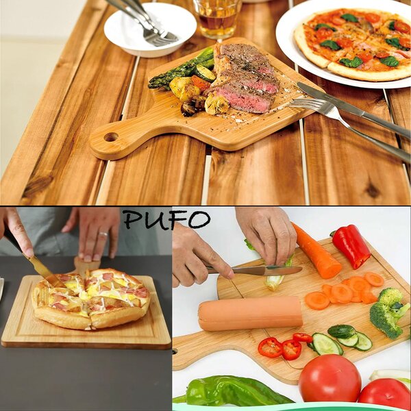 Platou Pufo din lemn de bambus cu maner pentru servire alimente, aperitive, pizza, 33 x 18 cm, maro
