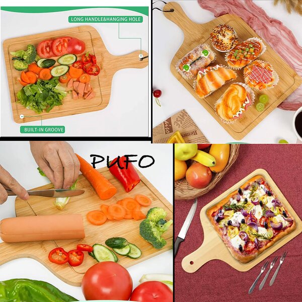 Platou Pufo din lemn de bambus cu maner pentru servire alimente, aperitive, pizza, 36 x 24 cm, maro