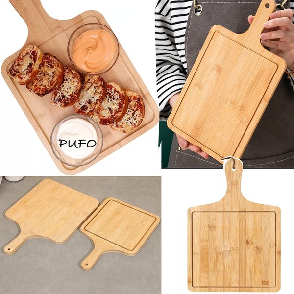 Platou Pufo din lemn de bambus cu maner pentru servire alimente, aperitive, pizza, 36 x 24 cm, maro
