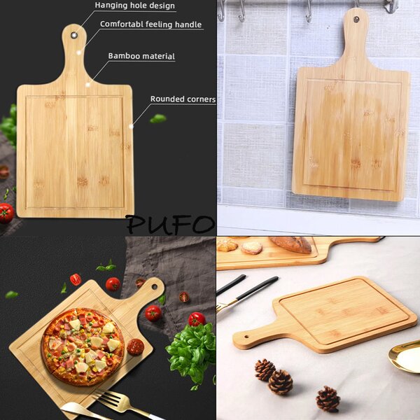 Platou Pufo din lemn de bambus cu maner pentru servire alimente, aperitive, pizza, 33 x 18 cm, maro
