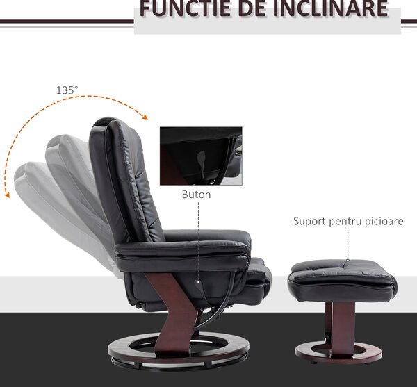 HOMCOM Set Fotoliu Relax si Pouf Suport pentru Picioare, Pivotant la 360° cu Tetiera si Cotiere, Negru | Aosom Romania