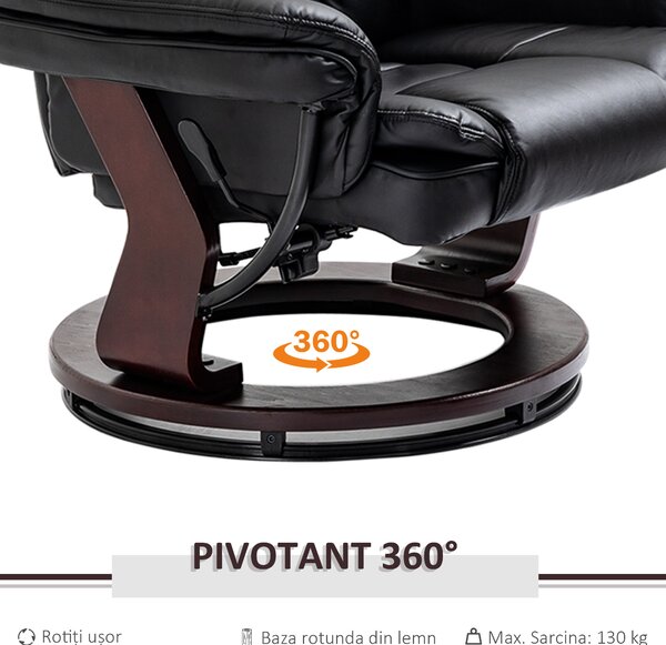 HOMCOM Set Fotoliu Relax si Pouf Suport pentru Picioare, Pivotant la 360° cu Tetiera si Cotiere, Negru | Aosom Romania