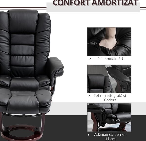 HOMCOM Set Fotoliu Relax si Pouf Suport pentru Picioare, Pivotant la 360° cu Tetiera si Cotiere, Negru | Aosom Romania