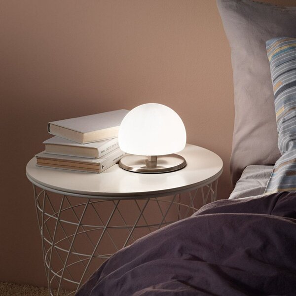 Fabas Luce Lampă de masă Morgana, nichel / alb, dimmer tactil, 3.000 K, reglabil, Alb, dormitor, Sticlă, Modern