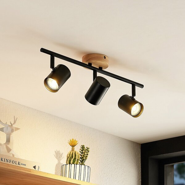 Lindby plafonieră Xiomara, 3 lumini, 68 cm lungime, lemn, reglabil, Negru, Camera de zi / sufragerie, Metal, Modern
