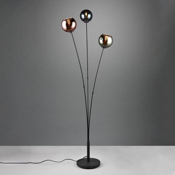 Reality Leuchten Sheldon lampadar 3 abajururi sferice din sticlă, Negru, Camera de zi / sufragerie, Metal