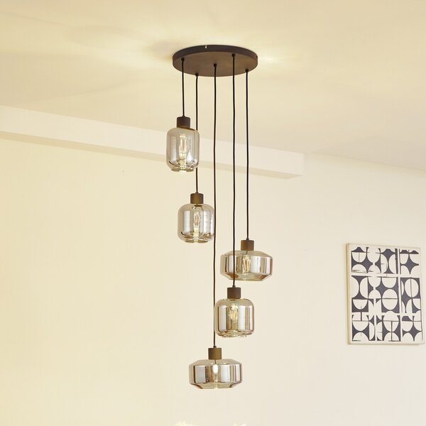 Lindby Lampă suspendată Hildur, Ø 35 cm, gri fum, sticlă, E27, reglabil, Gri, Camera de zi / sufragerie, Sticlă
