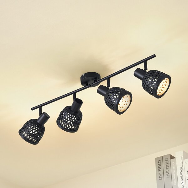 Lindby plafonieră Eskil, 4 becuri, negru, bambus, Ø 10 cm, reglabil, Negru, Camera de zi / sufragerie, Bamboo, Modern
