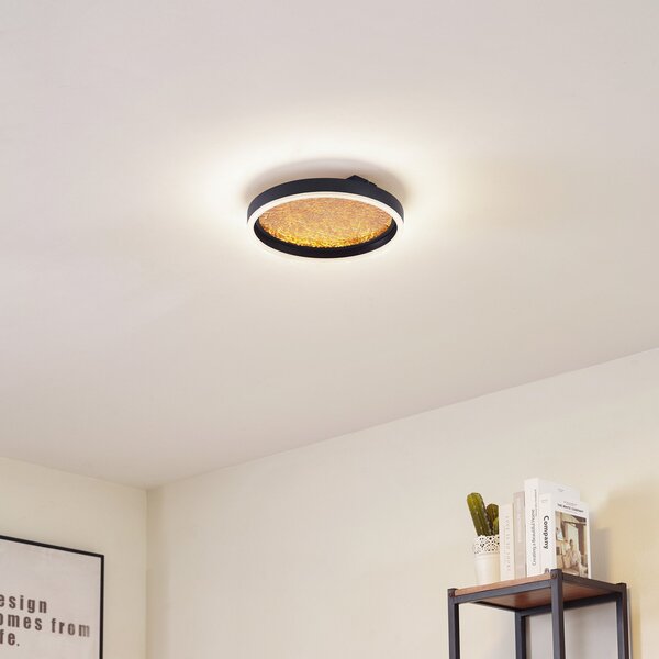 Lucande plafonieră LED Menulis, negru / auriu, PC, Ø 30 cm, reglabil, Negru, Camera de zi / sufragerie, Plastic, Modern