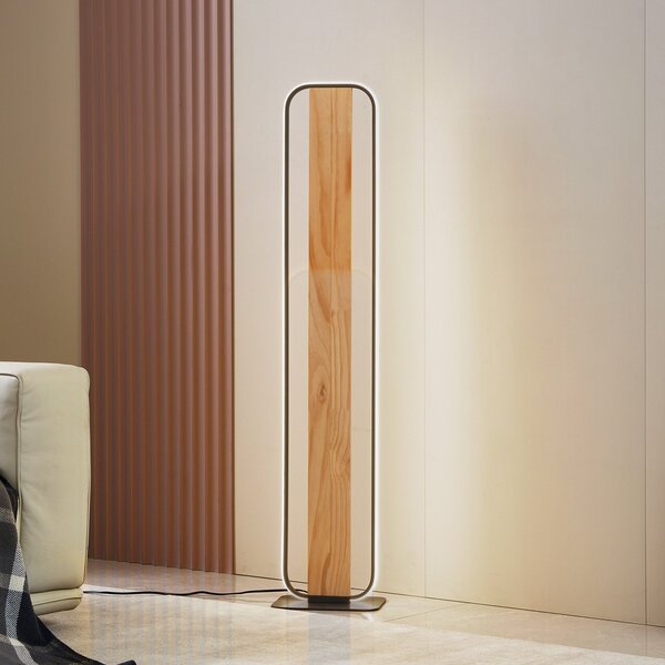 Lindby Lampadar LED Romilda, gri, lemn, înălțime 122 cm, Lemn, Camera de zi / sufragerie, Aluminiu, Casă de țară / Rustic