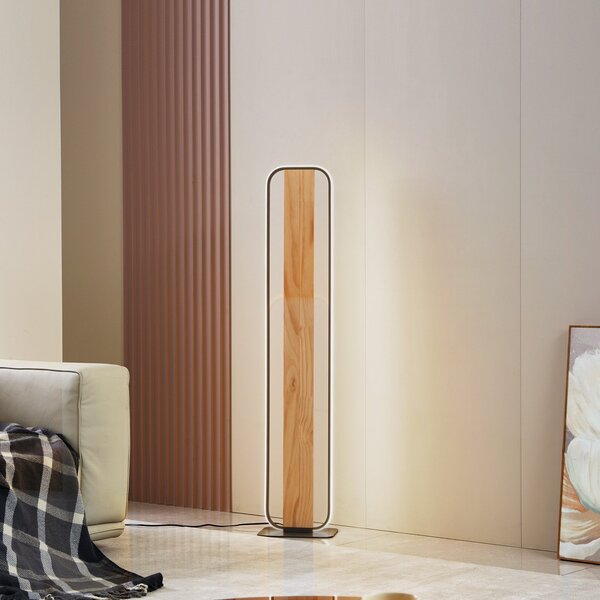 Lindby Lampadar LED Romilda, gri, lemn, înălțime 122 cm, Lemn, Camera de zi / sufragerie, Aluminiu, Casă de țară / Rustic