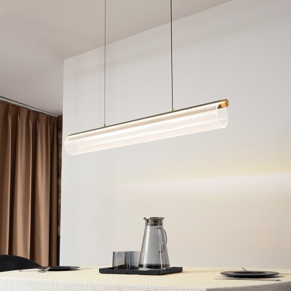 Lucande Lampă suspendată LED Alania, transparent, metal, 86.5cm, reglabil, Transparent, Camera de zi / sufragerie, Plastic, Modern